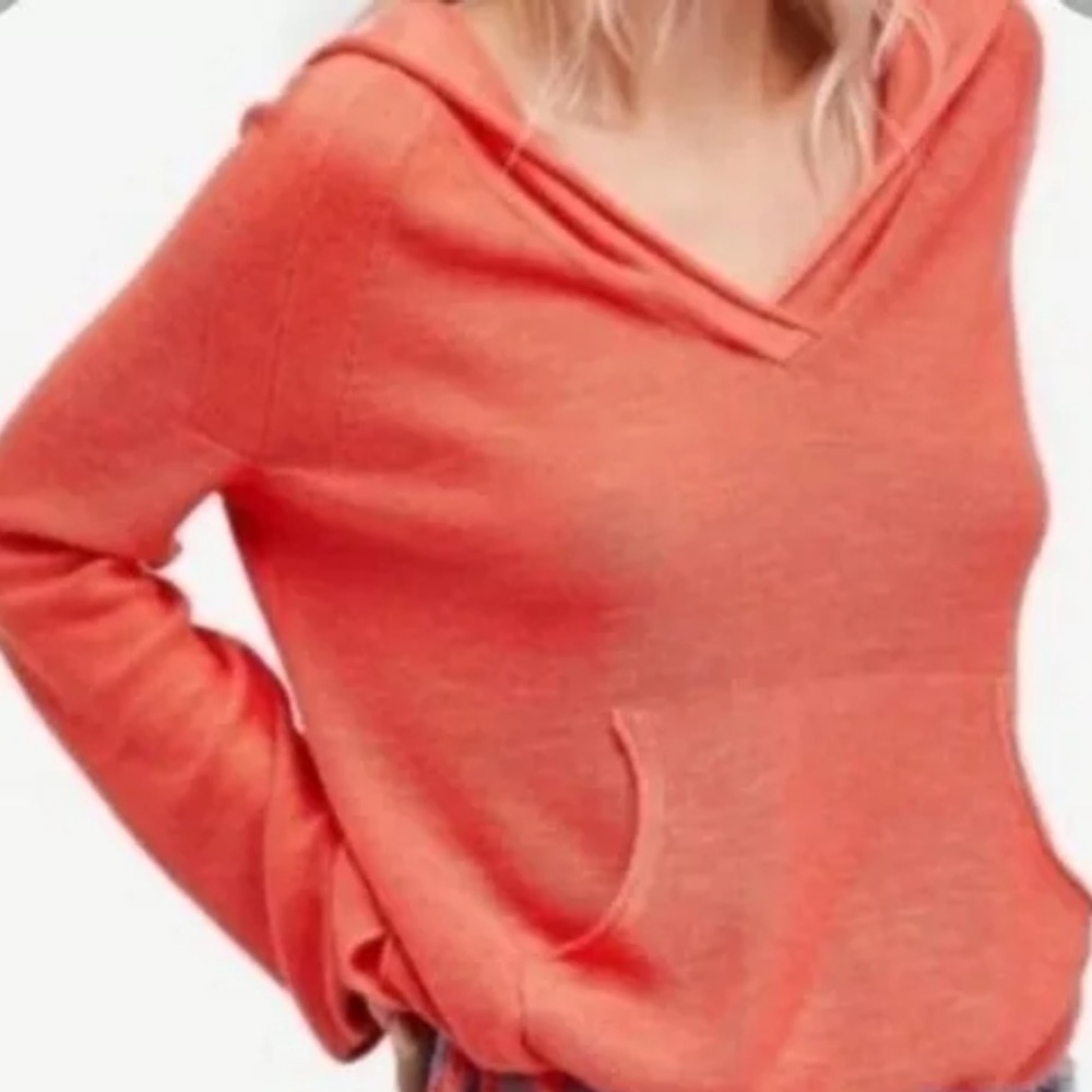 Free People Hoodie Sweater Coral Oversized Linen Blend V neck Long Pocket Large